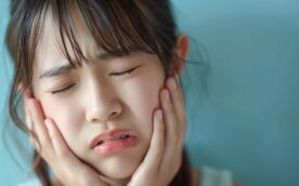 顎関節症の痛みで頬をおさえる女性