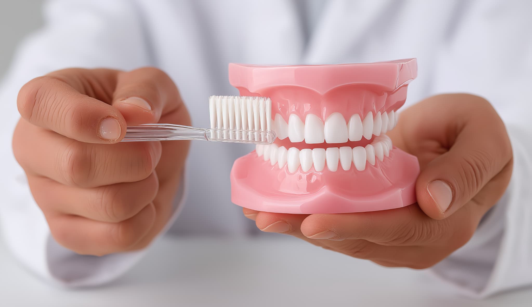 歯周病を予防するための歯磨きの仕方を説明する歯科医師