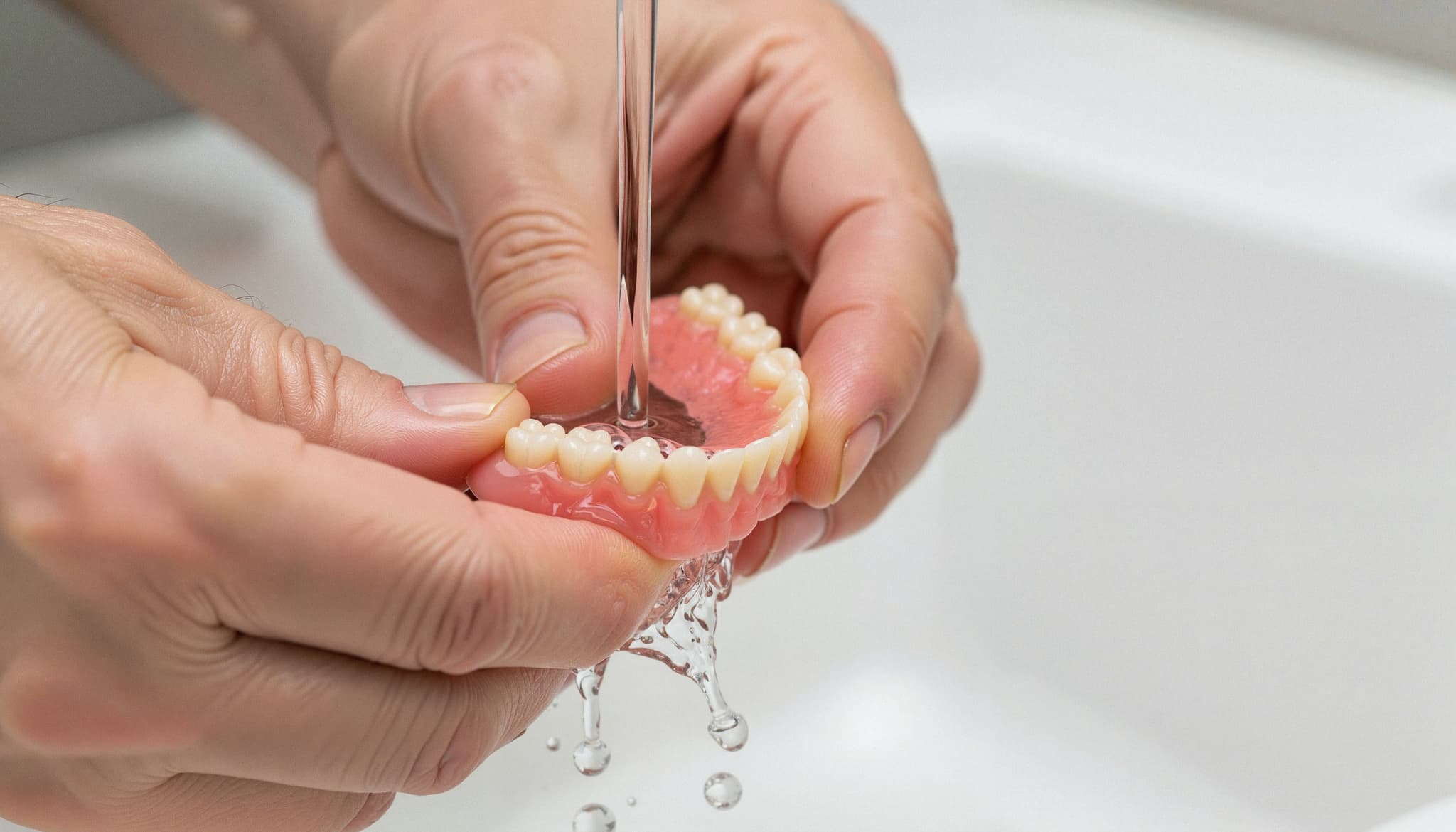 入れ歯を洗って清潔に保つ様子
