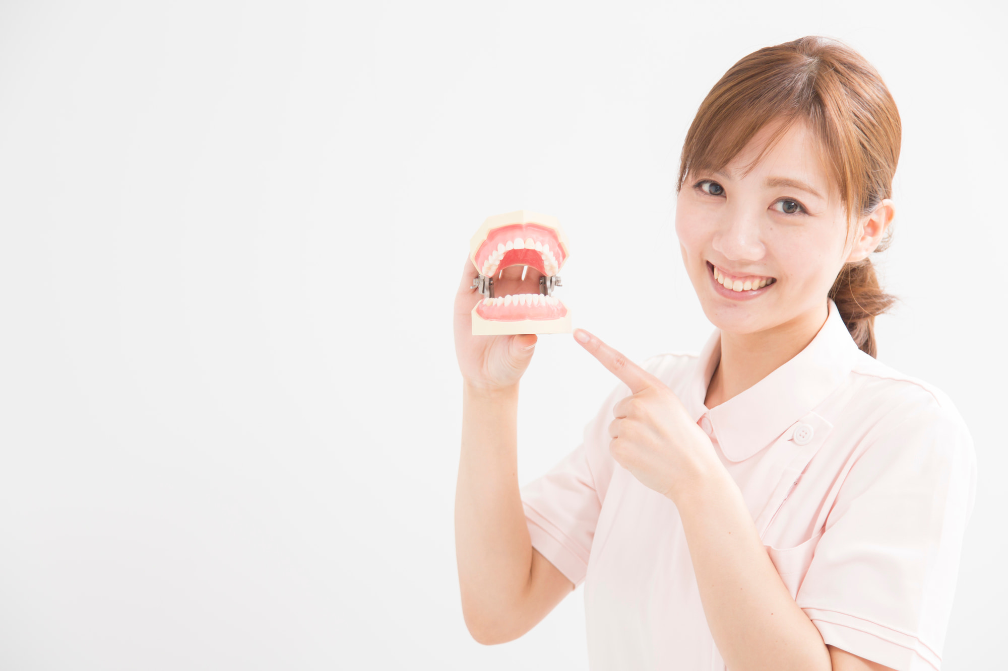 インプラント治療後に歯茎が黒くなったときの対処法について歯の模型で説明する女性