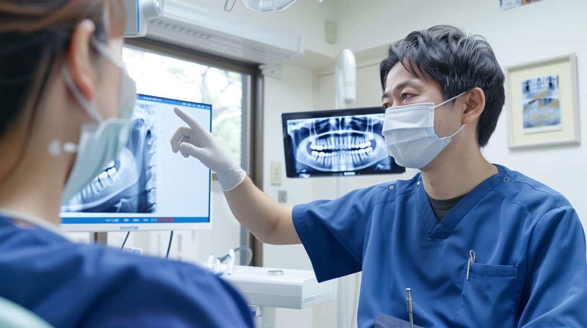 レントゲン画像で根管治療について患者に説明する歯科医